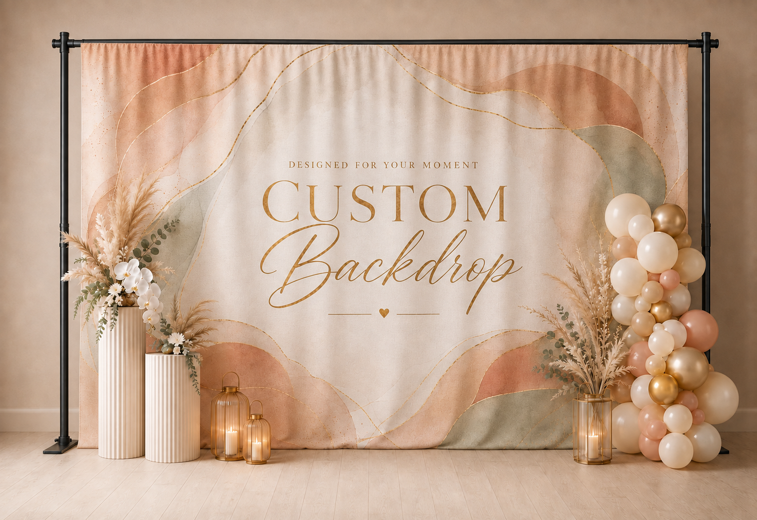 Custom printed fabric backdrop displayed on a professional stand