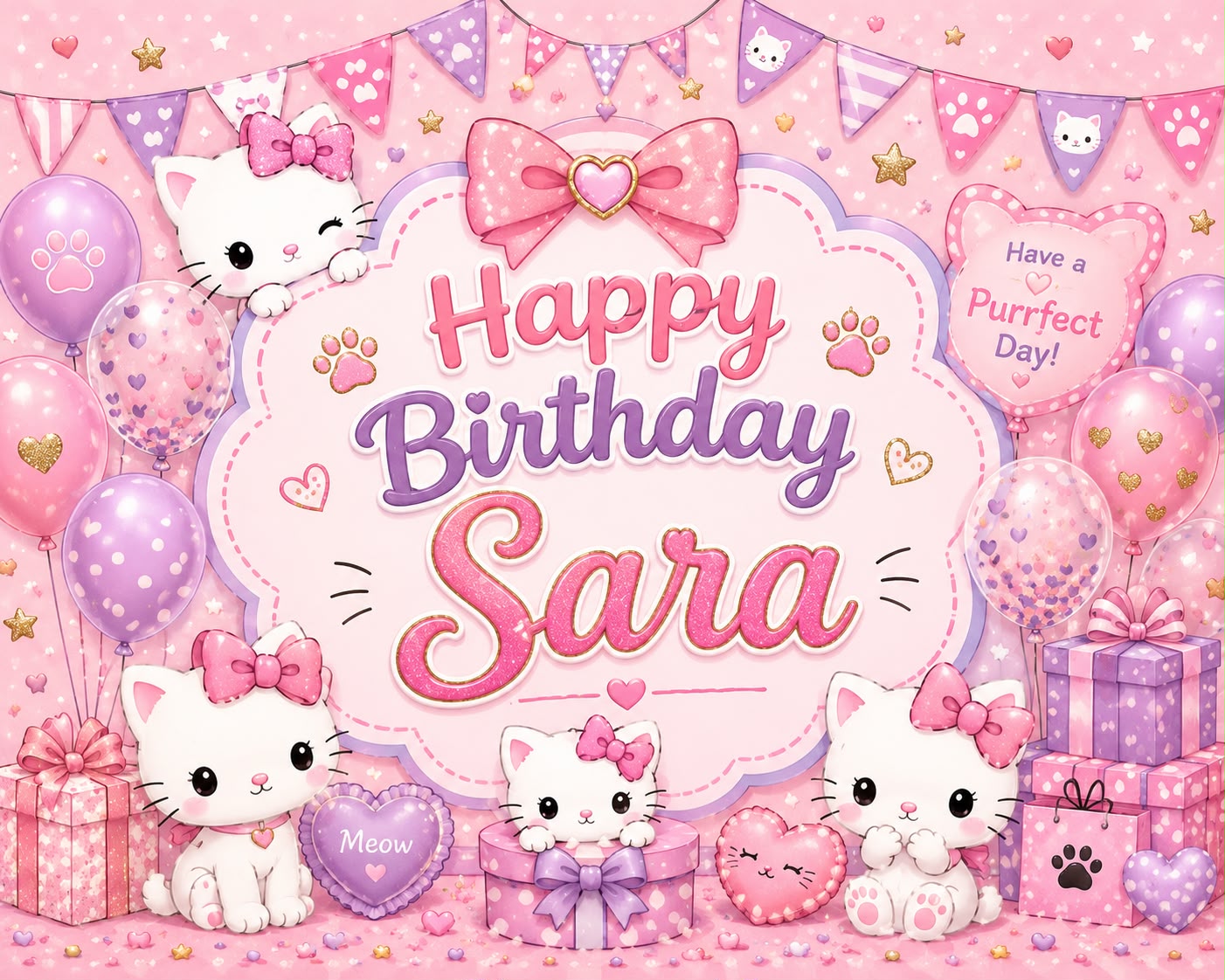 Cute Kitten Birthday Backdrop Pink