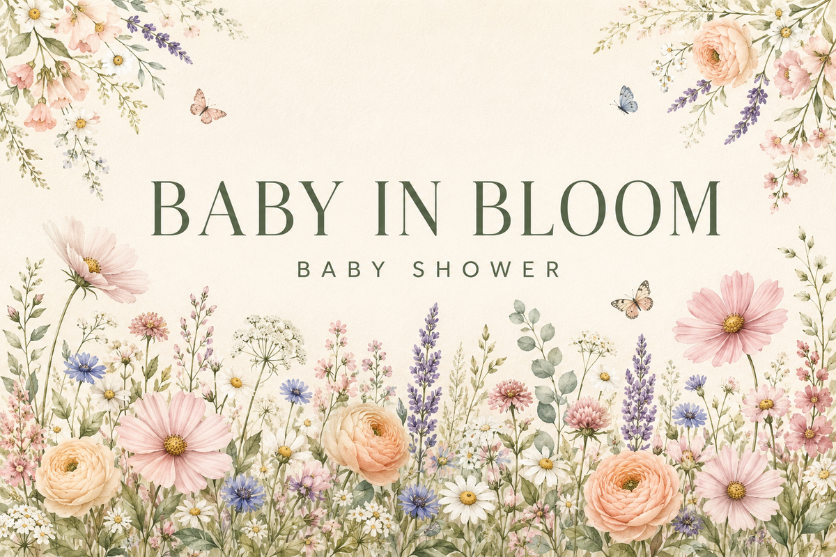 Baby in Bloom personalised wildflower baby shower fabric backdrop