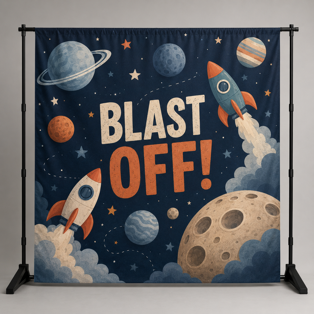 Blast Off space adventure birthday fabric backdrop