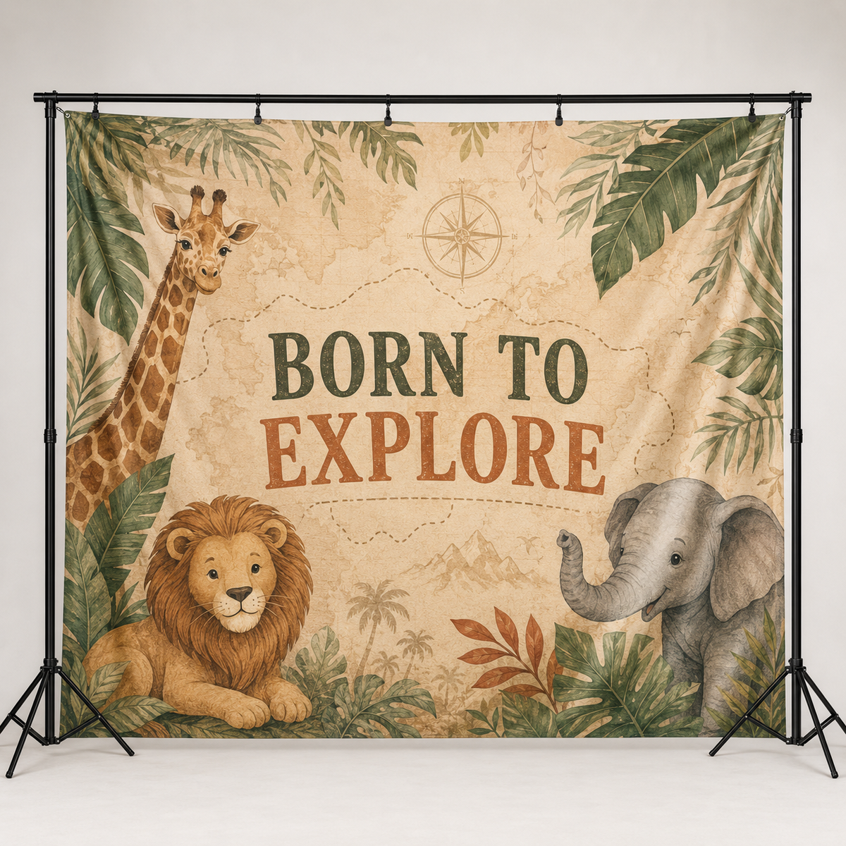 Born to Explore safari birthday fabric backdrop