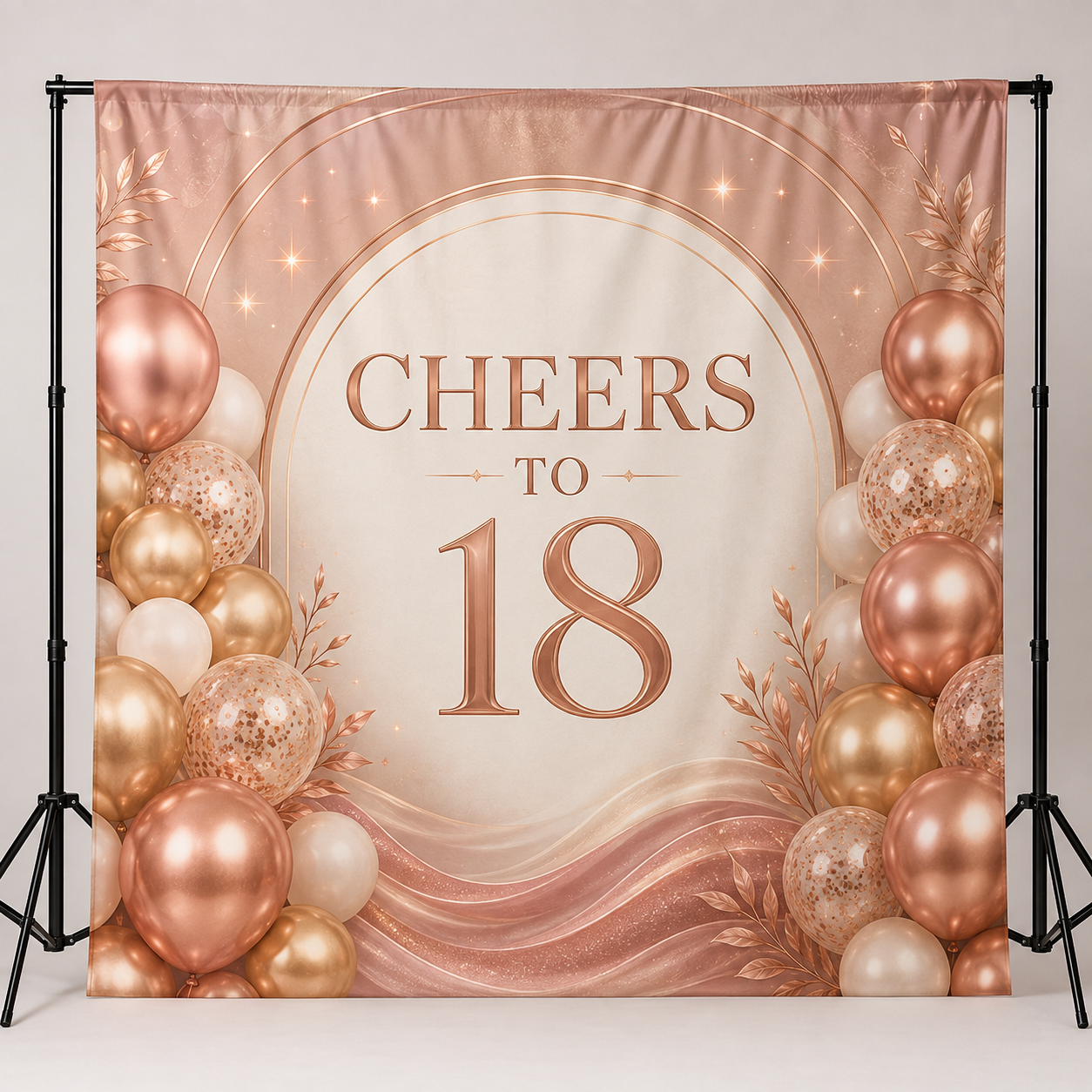Cheers to 18 rose gold fabric backdrop