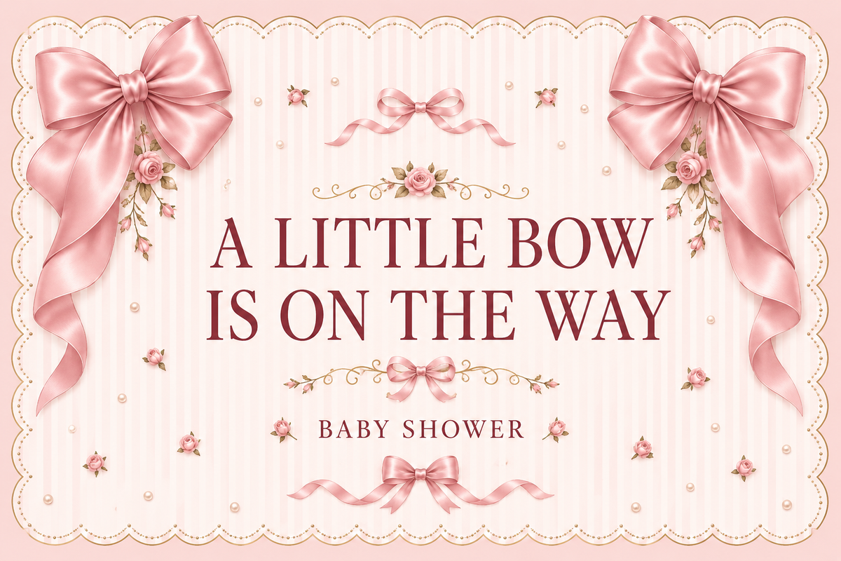A Little Bow Is on the Way personalised baby shower fabric backdrop