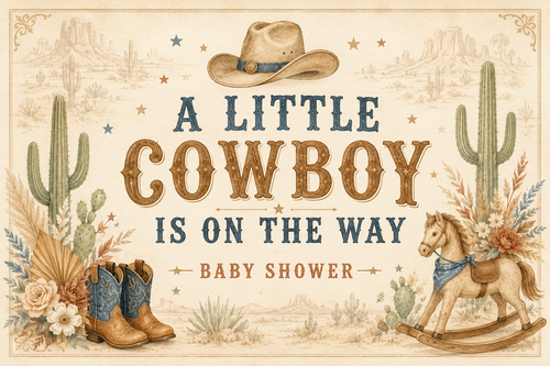 A Little Cowboy Is on the Way personalised baby shower fabric backdrop