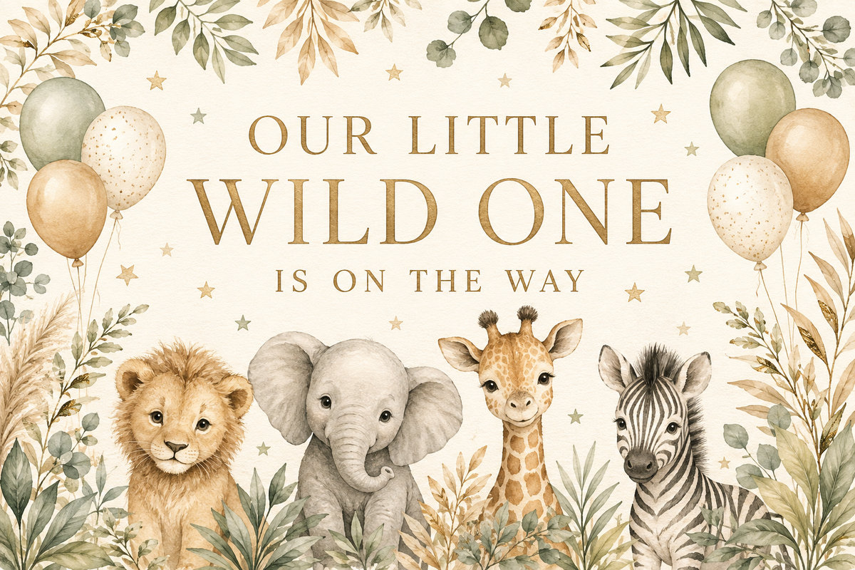 Our Little Wild One personalised safari baby shower fabric backdrop