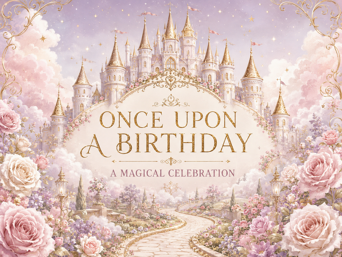 Once Upon a Birthday princess castle fabric backdrop