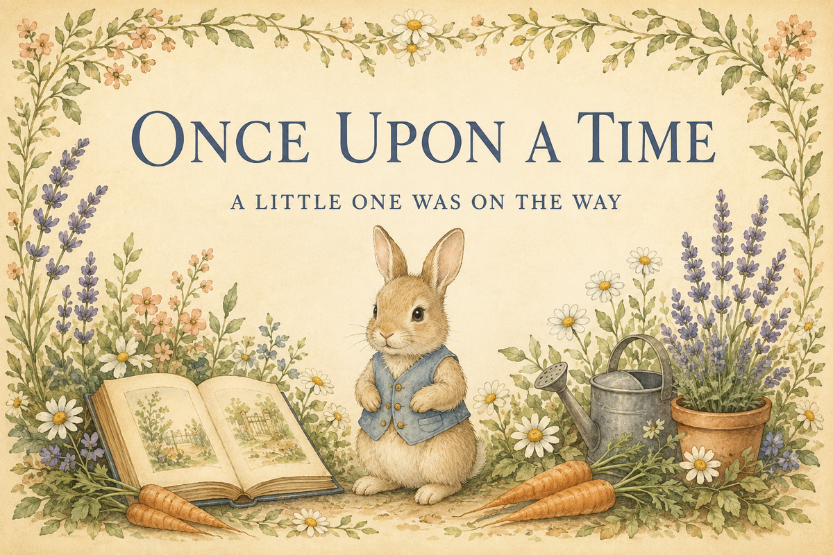 Once Upon a Time personalised storybook rabbit baby shower fabric backdrop