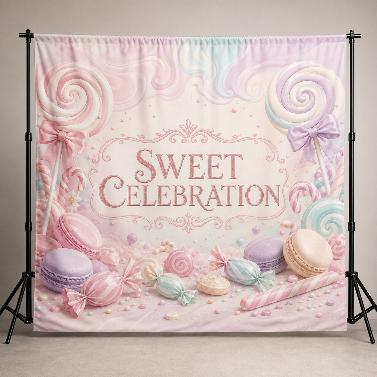 Pastel candyland Sweet Celebration fabric backdrop