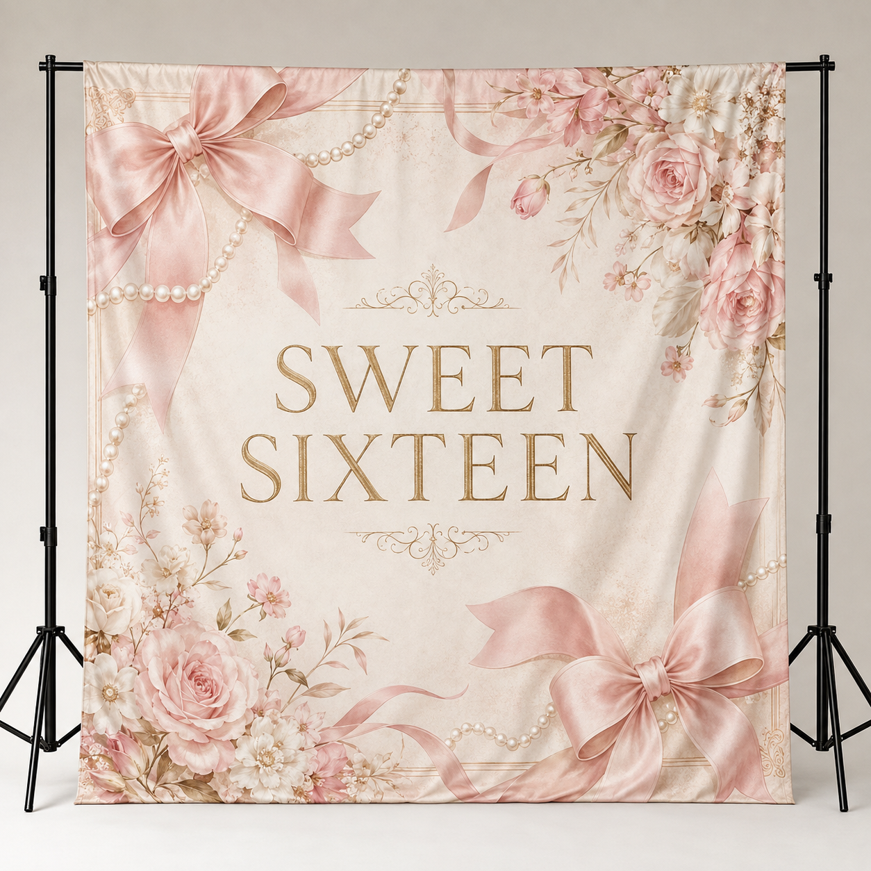 Sweet Sixteen blush floral fabric backdrop