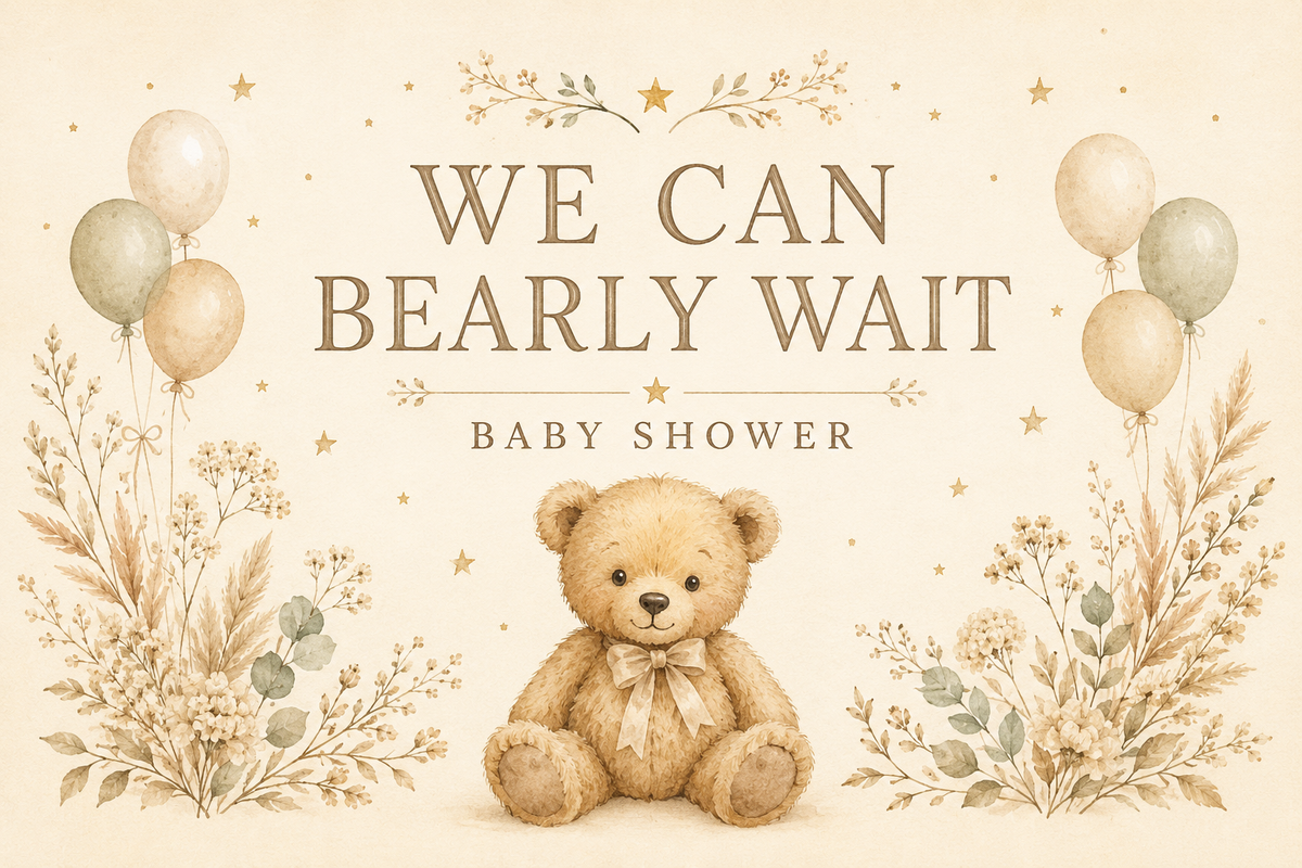 We Can Bearly Wait personalised teddy bear baby shower fabric backdrop