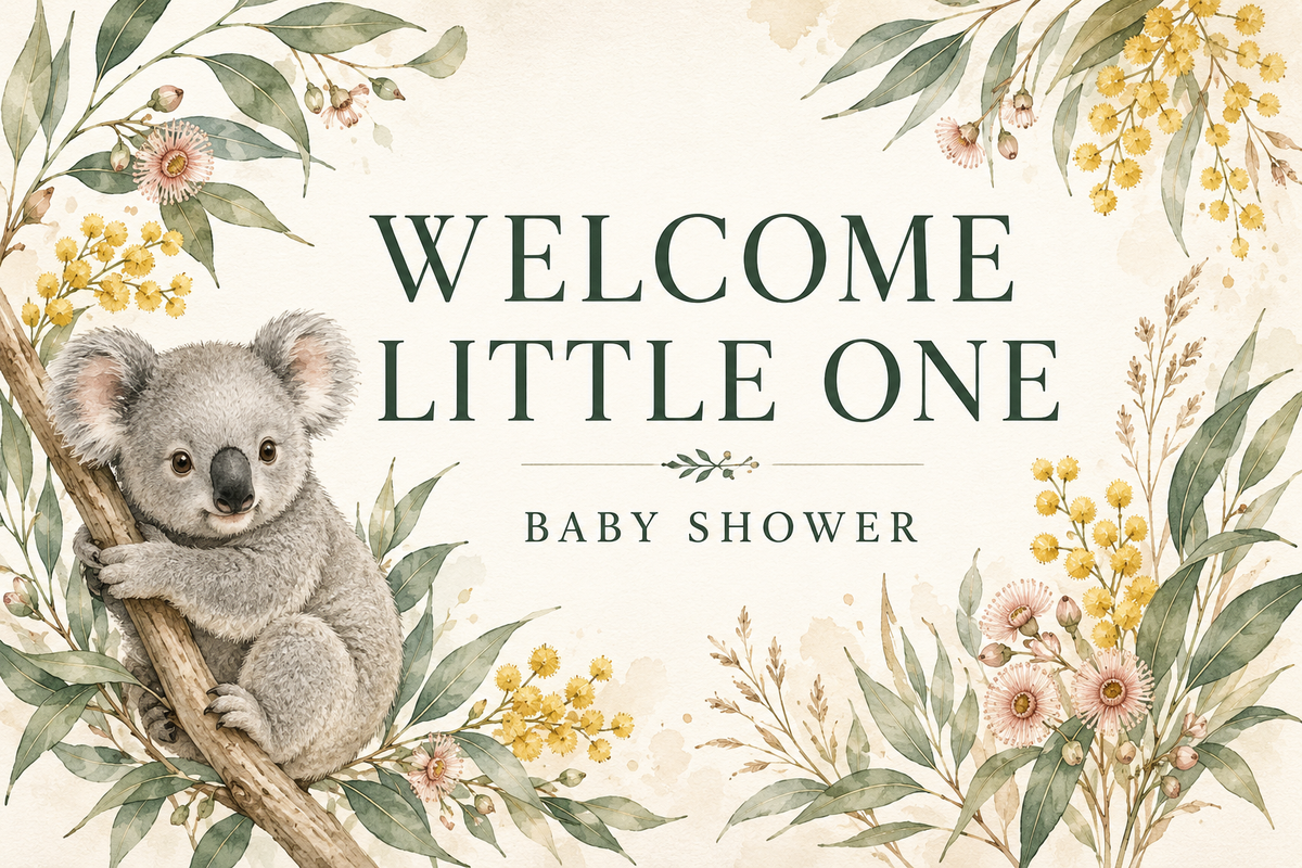 Welcome Little One personalised Australian koala baby shower fabric backdrop